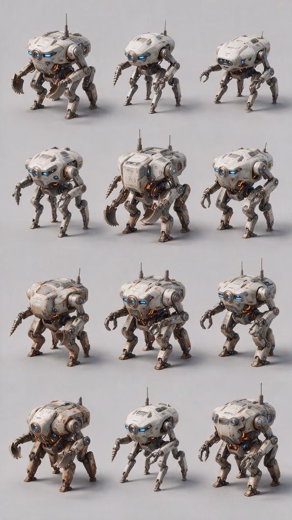 A sheet of twelve builder-robot design variations